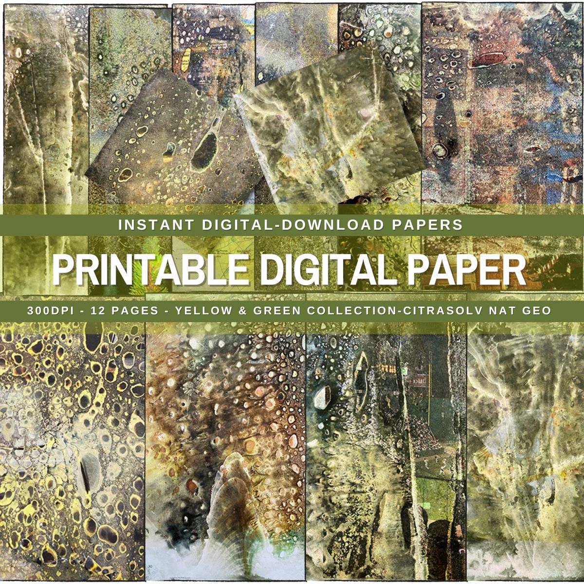 CitraSolv Digital Texture Paper - Green/Yellow Hue | 12 Sheets | Mixed Media Instant Download
